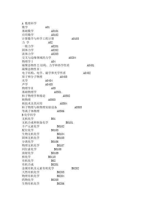 国家自然科学基金学科分类目录及代码表