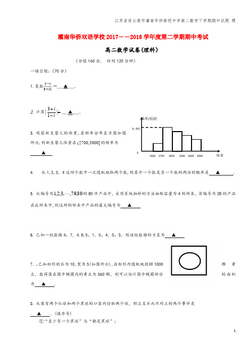 江苏省连云港市灌南华侨高级中学高二数学下学期期中试题 理