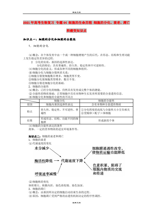 2021年高考生物复习 专题04 细胞的生命历程 细胞的分化、衰老、凋亡和癌变知识点