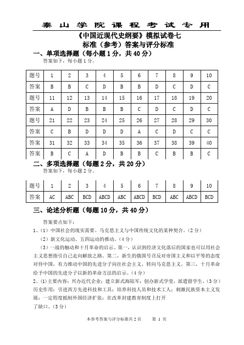 泰山学院近代史纲要模拟题答案7