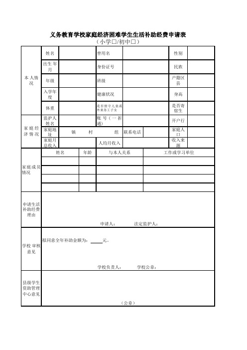 义务教育学校家庭经济困难学生生活补助经费申请表