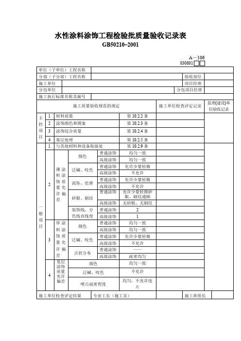 水性涂料涂饰工程检验批质量验收记录表