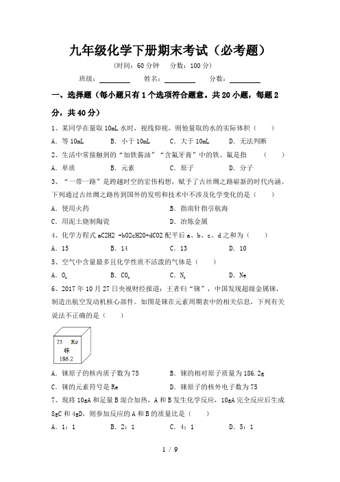 九年级化学下册期末考试(必考题)