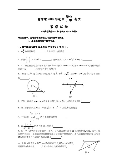 2009年青海省初中毕业升学考试数学试卷及答案