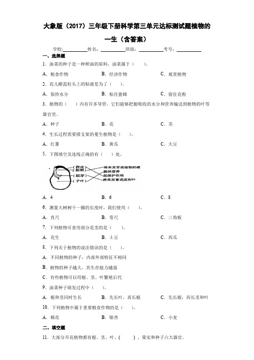 大象版(2017)三年级下册科学第三单元达标测试题植物的一生(含解析答案)