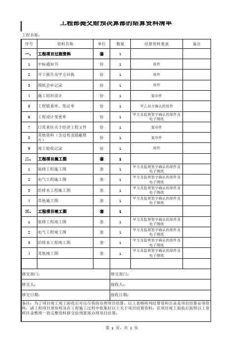 工程结算移交资料签收表