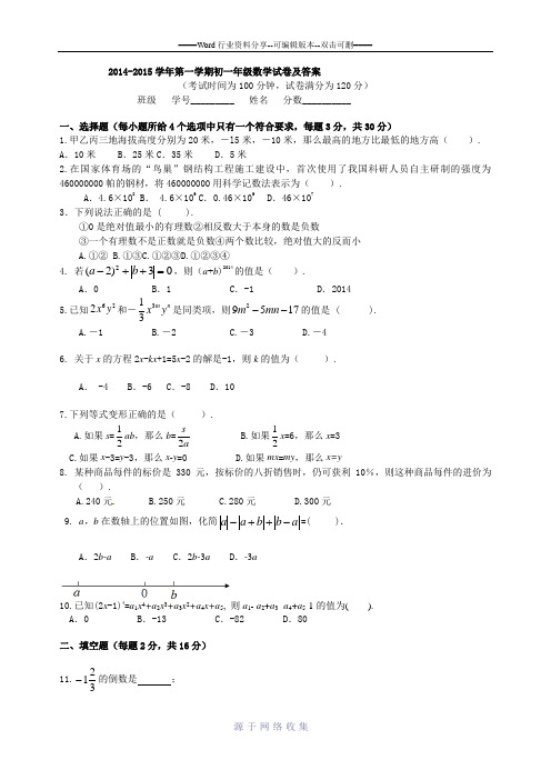 2014-2015第一学期北京四中初一年级数学期中试题及答案