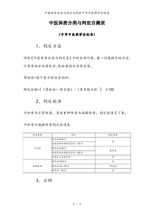 中医体质分类与判定自测表中华中医药学会标准