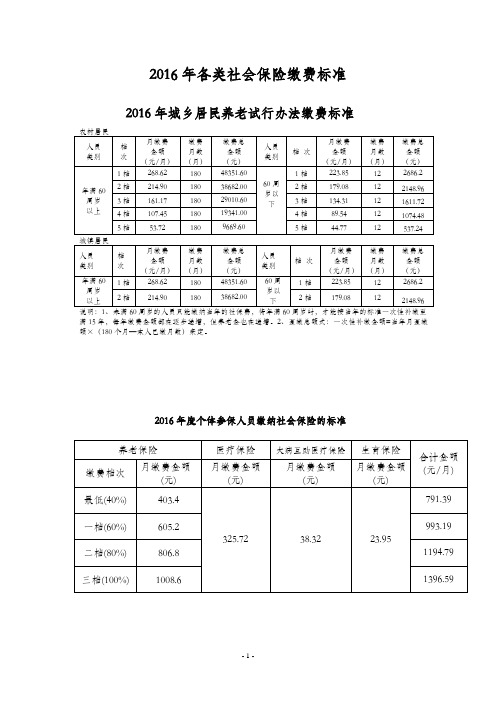 2016年各类社会保险缴费标准