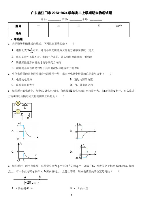 广东省江门市2023-2024学年高二上学期期末物理试题(含答案)