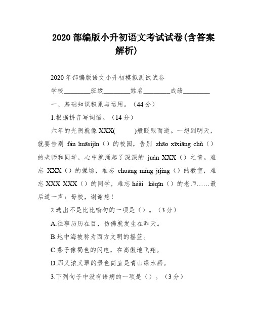 2020部编版小升初语文考试试卷(含答案解析)