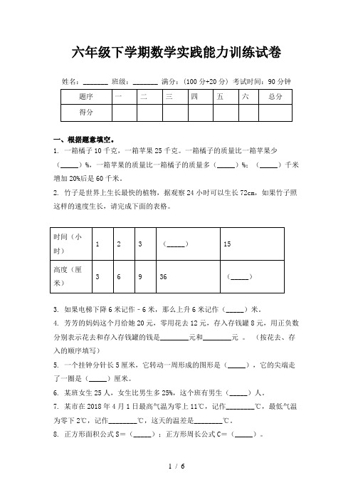 六年级下学期数学实践能力训练试卷