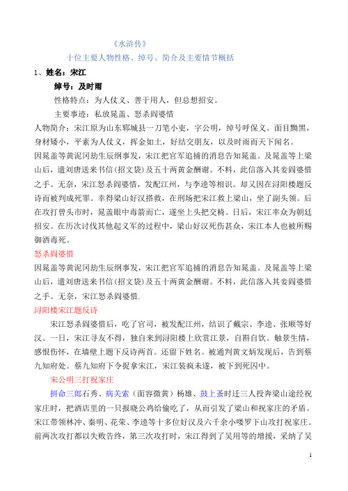 《水浒传》十位主要人物性格、绰号、简介及主要情节概括