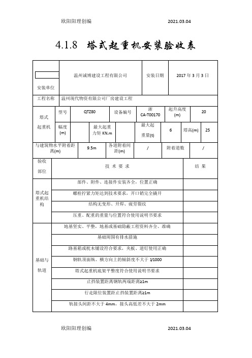 塔吊安装验收表之欧阳理创编