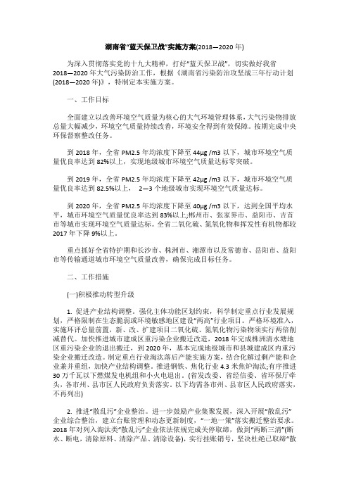 湖南省“蓝天保卫战”实施方案(2018—2020年)