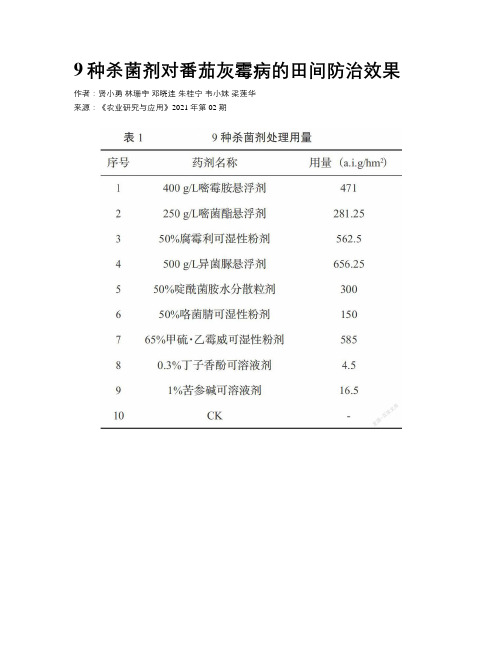 9种杀菌剂对番茄灰霉病的田间防治效果