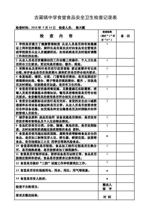 食堂食品安全卫生常规检查记录表