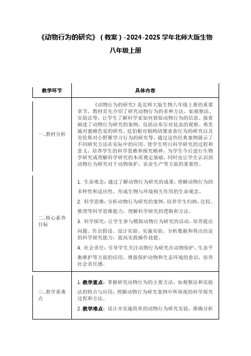 《动物行为的研究》(教案)-2024-2025学年北师大版生物八年级上册