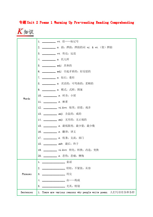 2017-2018学年高中英语 专题Unit 2 Poems 1 Warming Up Pre-re