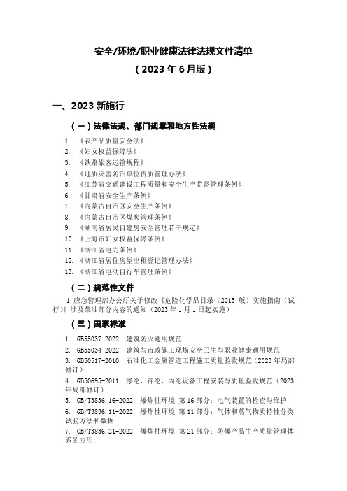 安全环境职业健康法律法规文件清单