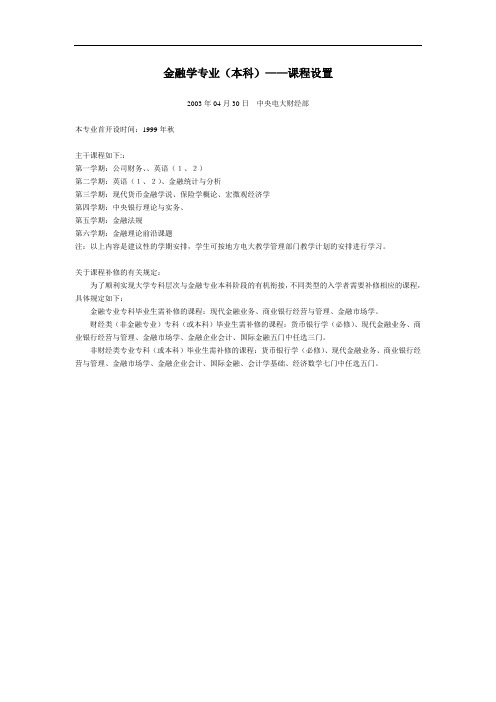 金融学专业(本科)课程设置