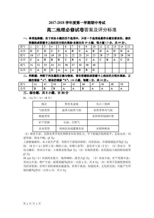 江苏省徐州市2017-2018学年高二上学期期中抽测地理(必修)试题答案