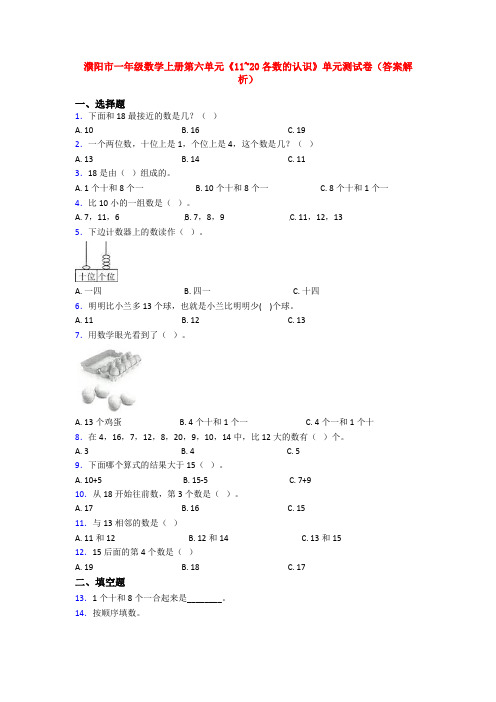 濮阳市一年级数学上册第六单元《11~20各数的认识》单元测试卷(答案解析)