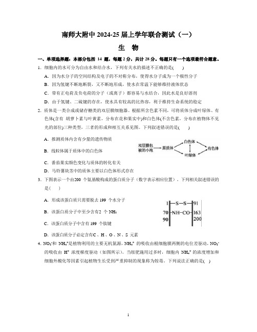 南师大附中2024-25届上学年联合测试(一)(生物)