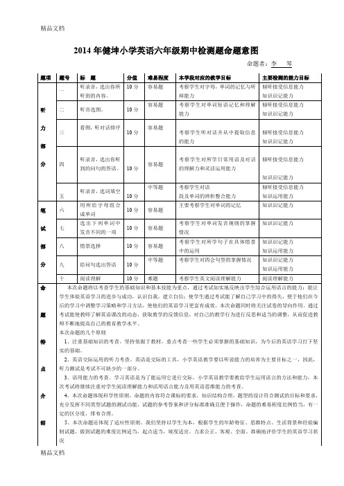 最新小学英语六年级命题意图