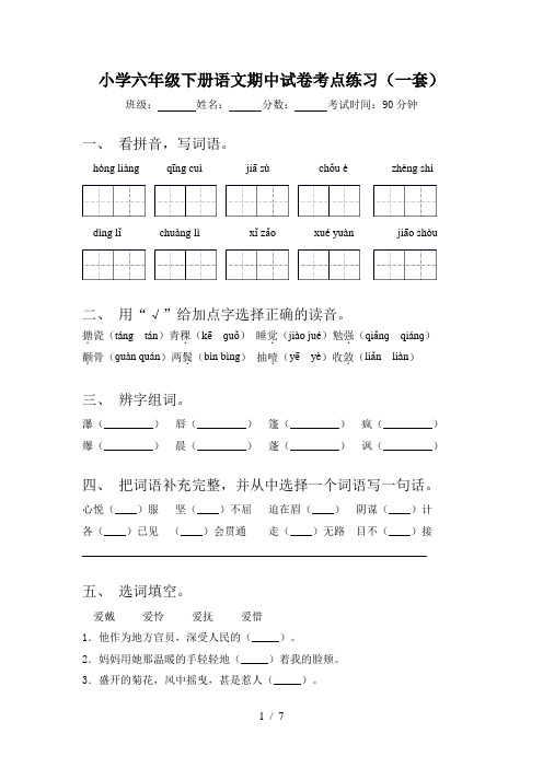 小学六年级下册语文期中试卷考点练习(一套)