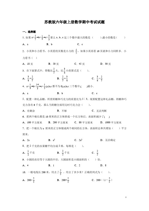 苏教版六年级上册数学期中考试试卷含答案