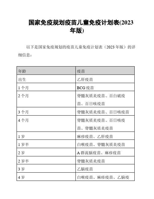 国家免疫规划疫苗儿童免疫计划表(2023年版)