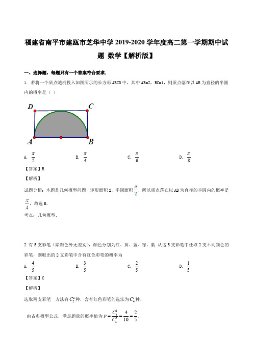 福建省南平市建瓯市芝华中学2019-2020学年度高二第一学期期中试题 数学【解析版】