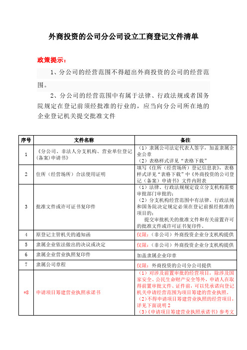 外商投资的公司分公司设立工商登记文件清单