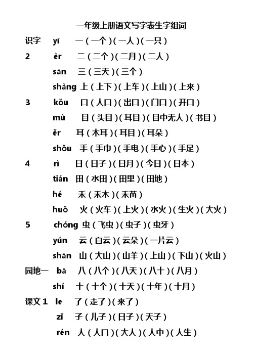 部编本一年级上册写字表生字及组词打印