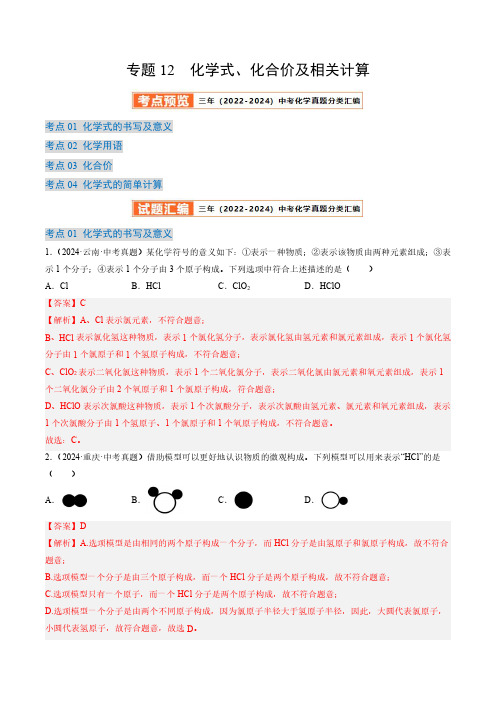 专题12化学式、化合价及相关计算(解析版)三年(2022-2024)中考化学真题分类汇编(全国通用)