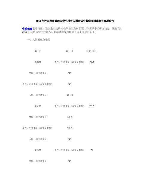 2015年连云港市选聘大学生村官入围面试分数线及面试有关事项公告