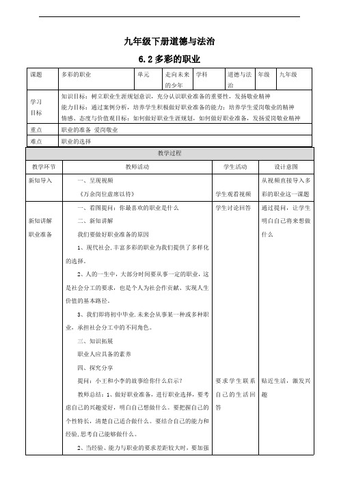 人教部编版九年级道德与法治下册《多彩的职业》教案