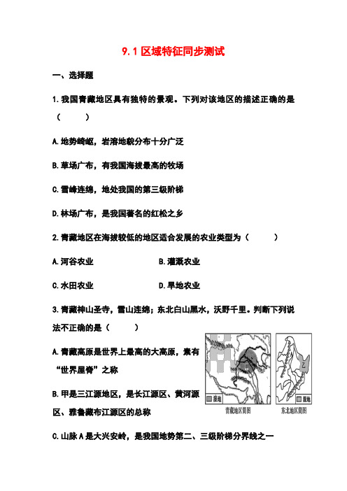 商务星球版八年级地理下册9.1区域特征同步测试和答案