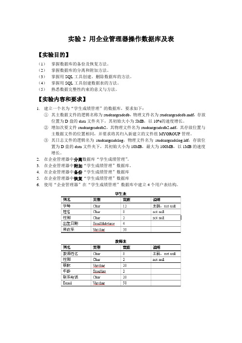 实验2-用SQL Server工具操作数据库及表