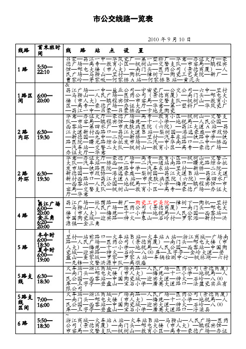 市公交线路一览表