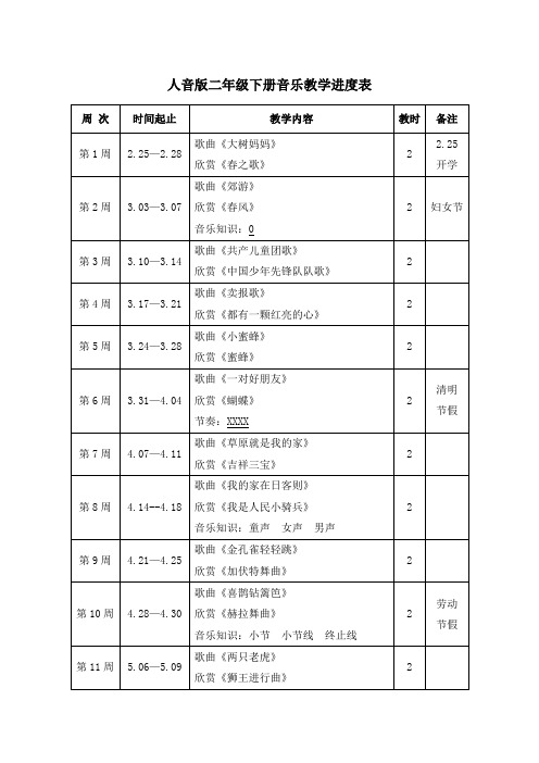 人音版二年级下册音乐教学进度表