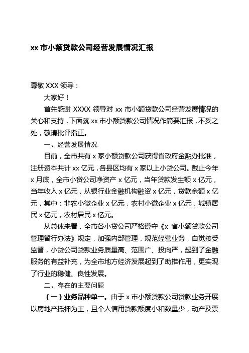 XX市小额贷款公司经营发展情况汇报