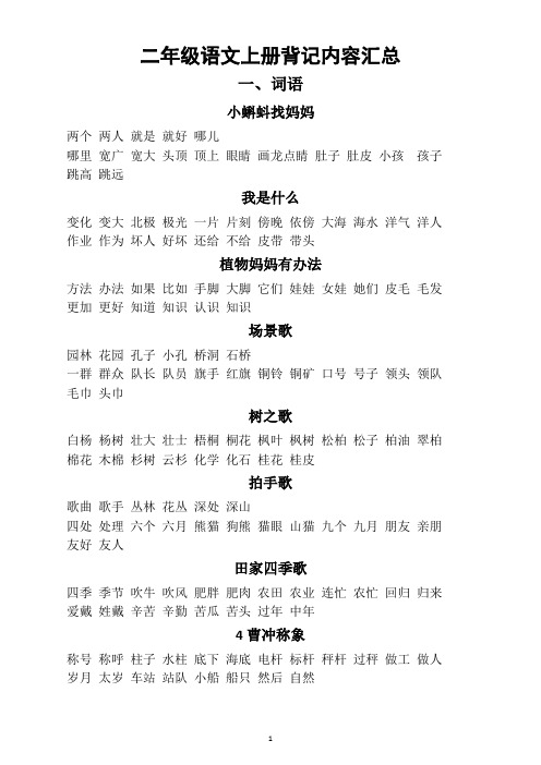 小学语文部编版二年级上册必背内容汇总