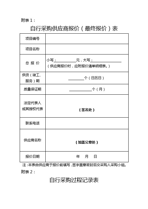 自行采购供应商报价表