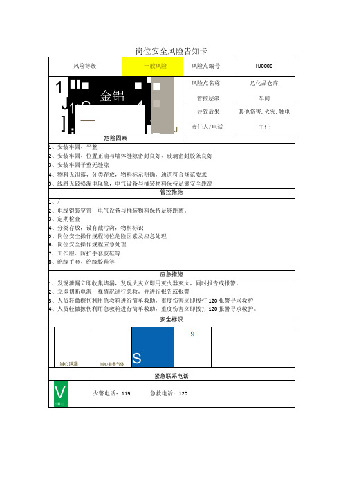 铝业有限公司危化品仓库岗位风险告知卡