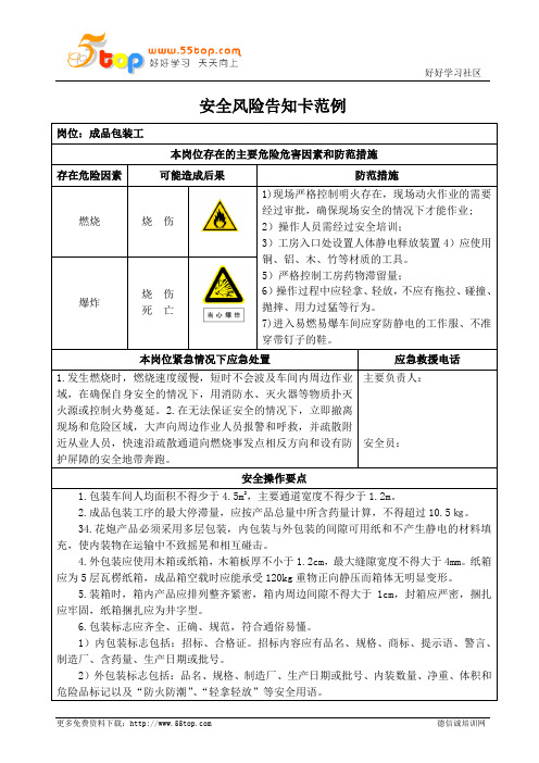 成品包装工安全风险告知卡