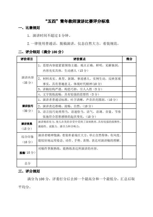 “五四”青年教师演讲比赛评分标准