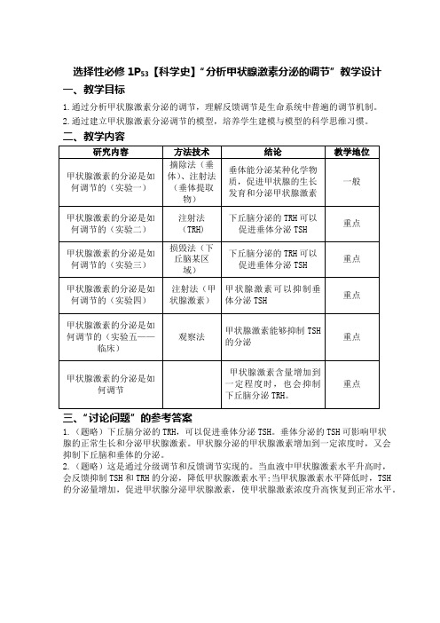 高中生物学选择性必修1P53【科学史】“分析甲状腺激素分泌的调节”教学设计