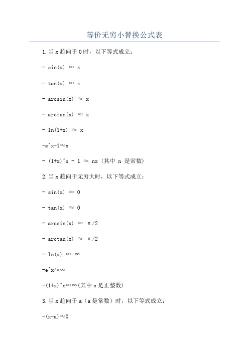 等价无穷小替换公式表